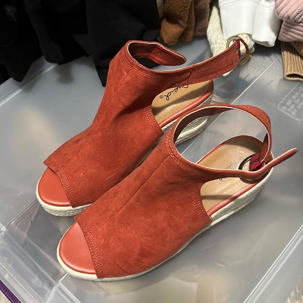 Red suede wedges